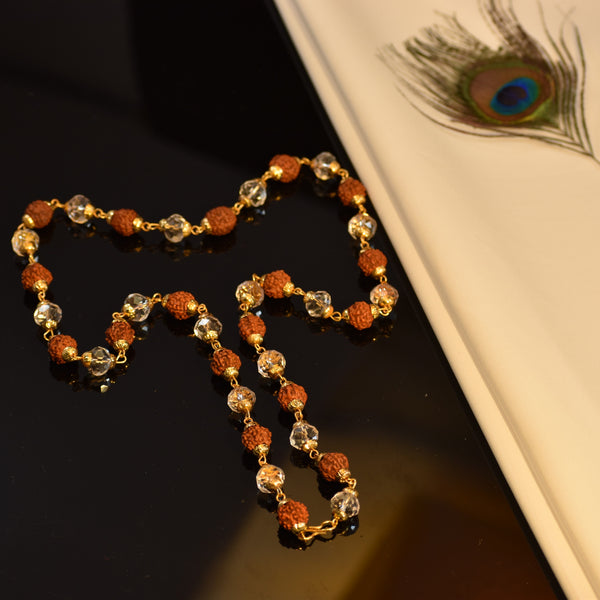 Vrindavanstore.in"Golden Jaap Rudraksha Mala with Crystal – Sacred Natural Beads for Meditation & Prayer