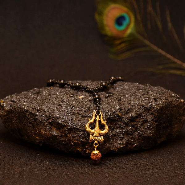 Mahadev Shiva Damru Trishul Locket With Beautiful Black Moti Mala Fabric, Alloy Chain