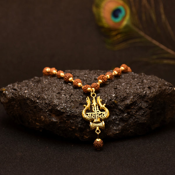 Mahadev Shiv Ji Trishul Rudraksh Golden Plated Pendant For Men And Women, BIG, Metal, No Gemstone